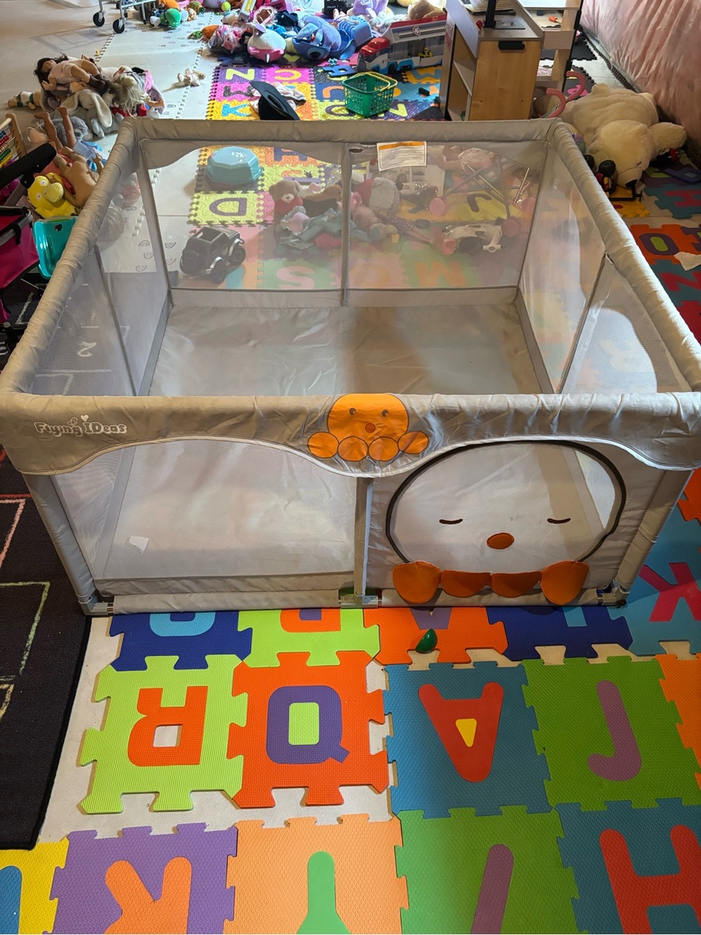 Gray Foldable Baby Playpen with Orange Accents